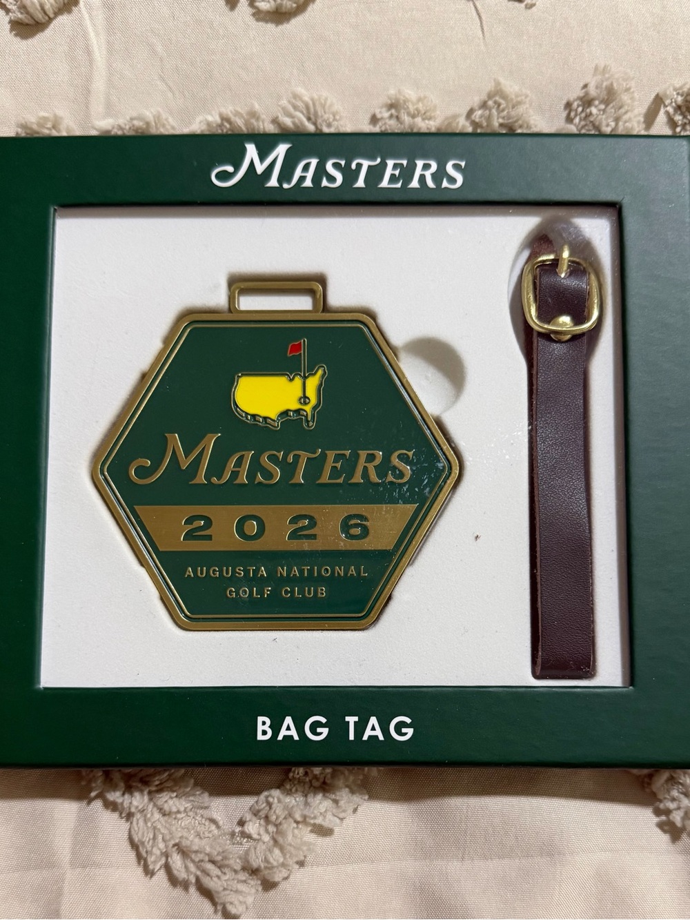 Masters Green & Yellow 2026 Hexagon Bag Tag with Brown Strap